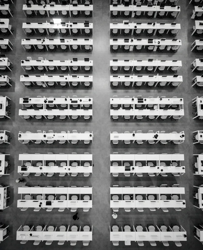 Aerial view of organized office desks
