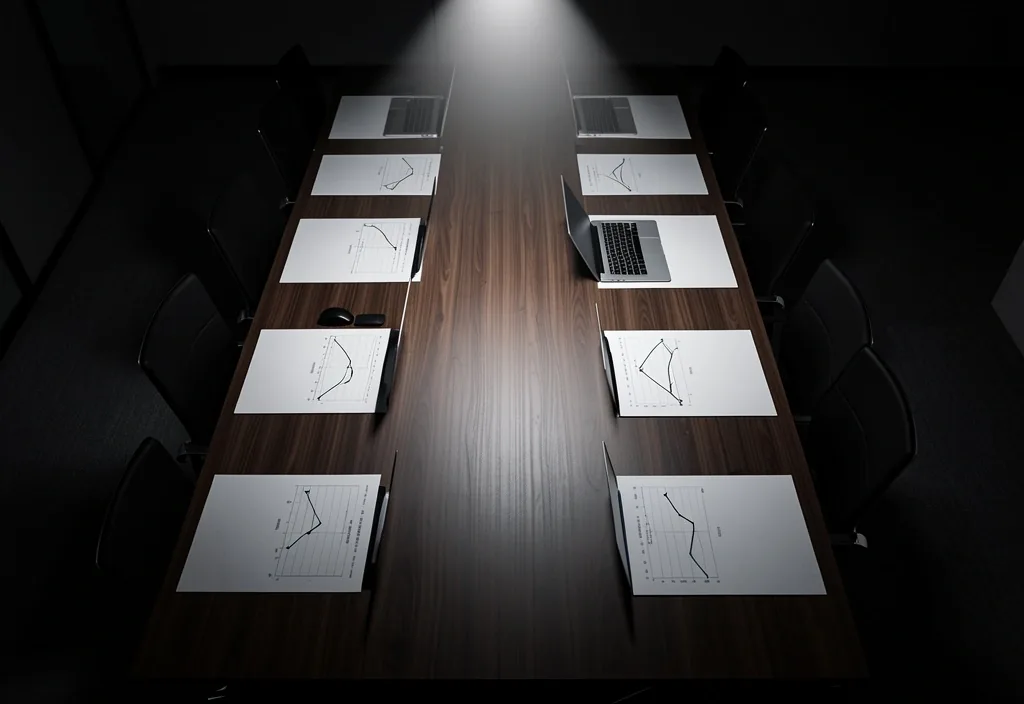 Boardroom table with organized data materials